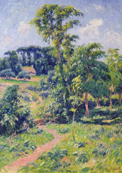 Paesaggio con alberi e un sentiero che conduce a un cottage da Henry Moret